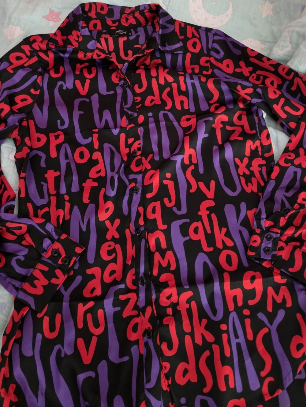 Playful Black & Purple Graphics Bold Print Silk Blouse